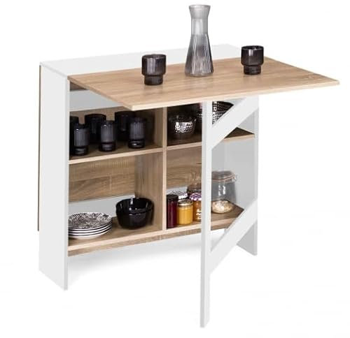 IDMarket – Mesa consola plegable EDI 2-6 personas con almacenamiento madera blanca Bandeja forma haya 150 x 80 cm