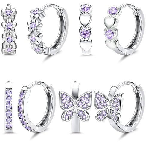 JeweBella 4Paar Ohrringe Silber 925 Mädchen Kinder Kleine Creolen Set | Hypoallergen Ohrringe,Schmetterling Herz Blumen Creolen Ohrringe,Rosa/Lila/Blau/Bunt Zirkonia Ohrringe Kreolen Set,20G