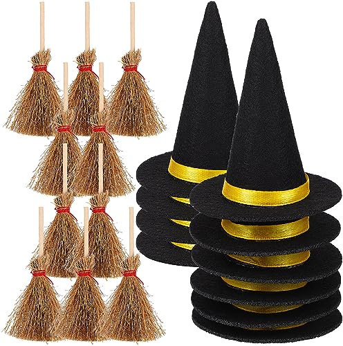 TOYANDONA Mini Witch Hats and Mini Broom Halloween Decorations Wizard Accessory for Halloween Party Birthday Wedding DIY Crafts Accessories (10Pcs Black Witch Hats+10Pcs Broom Sticks