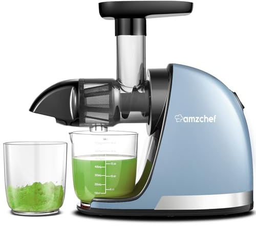 AMZCHEF Entsafter Gemüse und Obst - Entsafter Slow Juicer mit Rückwärts-Kau-Funktion - Zartes Zerkleinern ohne Filtern - Entsafter Elektrisch mit Bürste und 2 Tassen - Blau [Energieklasse A+++]