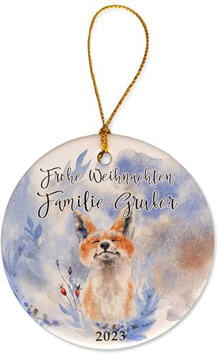 Feenstaub Weihnachtsschmuck, personalisierbarer Christbaumschmuck Keramik-Anhänger, Geschenk Weihnachten Baumschmuck mit Namen, besonderer Weihnachtsanhänger Oma und Opa, Fuchs