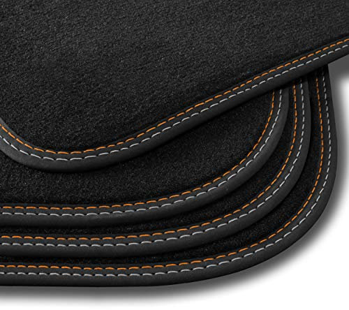Bär-AfC Auto Fußmatten Premium passend für ORA 03 Funky Cat 2022 -, Autoteppiche Velours Schwarz, Nubuk Band Schwarz, Doppelnaht Orange + Silber, Set 4-teilig, OR64806