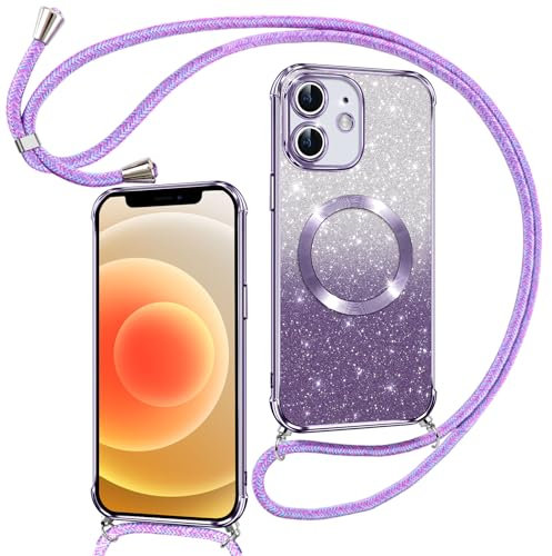 Phoona Handyband Hülle für iPhone 12 mit Band [kompatibel mit MagSafe], Luxuriöse Glitzer Beschichtung Magnetische Handyhülle für iPhone 12 Silikon TPU Stoßfest Schutzhülle, Lila