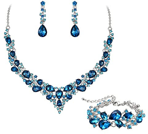 EVER FAITH Statement Halskette Ohrringe und Armband Set für Damen österreichische Kristall Tropfen Cluster Schmuckset Hell-Blau Silber-Tone