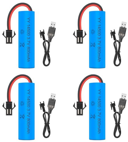 14500 Batteria Agli ioni di Litio 3.7v, TGKYK 4 pezzi batteria litio 3.7v con 4 caricatori USB SM-2P Plug, 800 mAh Batterie Ricaricabili per Auto RC, Carri Armati, Passeggini, Barche, Robot