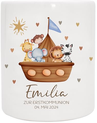 Spardose zur Kommunion/Konfirmation/Firmung mit Aufdruck des Namens und Wunschtext für Mädchen und Junge (Arche Noah | blau)