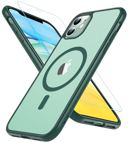 Hensinple Magnetisch für iPhone 11 Hülle mit Panzer Schutz Glas, Militärischer Stoßfest Handyhülle Kompatibel mit MagSafe Transluzente Matte Case für iPhone 11 6.1 Zoll (Grün)