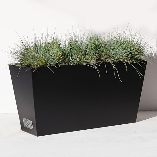 JonesHouseDeco Fioriera da giardino in metallo pesante Grande vaso trapezoidale nero in acciaio fori di drenaggio Fioriere traspiranti con 2 prese d'aria in rete 71,1x30,5 x40,6 cm