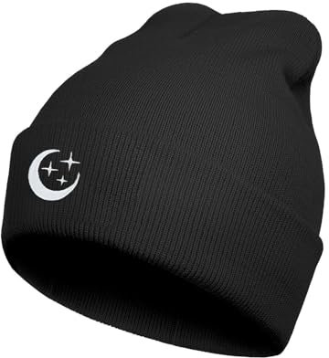 Ztuhjvy Coole Beanie-Mütze, Gothic-Stil, Stickerei, schwarze Beanies, gemütlich, Strickmütze, Uni, Winter, warm, Totenkopfmütze für Damen und Herren, Mond, Einheitsgröße