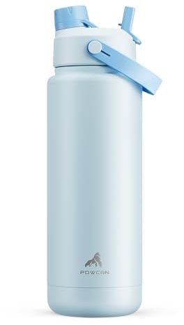 POWCAN 32 oz Insulated Water Bottle with 2-in-1 Straw and Spout Lid, Keep Cold 24H, Leak-Proof, BPA-Free, Double Wall Stainless Steel Water Bottle for Sports, Gym, Travel, and School (Sea Breeze)