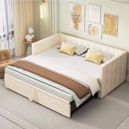 DRIXNO Bett 90/180x200 Ausziehbares Schlafsofa Bed Betten mit Lattenrosten Polsterbett Multifunktionsbett Hautfreundlichem Samtstoff Beige