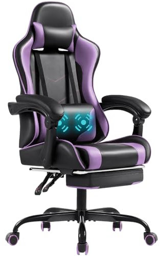 Shahoo Gaming Chair with Footrest and Massage Lumbar Support, Computer Chairs, Video Racing Seat Height Adjustable with 360°Swivel and Headrest for Office or Bedroom, Purple