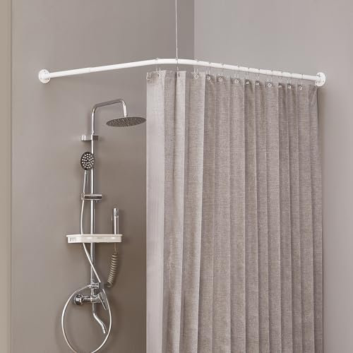 Crkmire Angolare Tenda Doccia, 61-134,6 cm x 61-134,6 cm Regolabile L Forma Doccia Rod 90 Gradi Tenda Rod per Bagno Vasca da bagno con 12 Anelli Ganci & Supporto Soffitto - Bianco