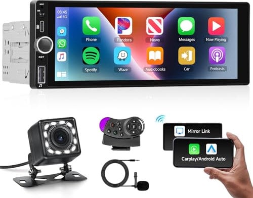 Hodozzy Single Din Car Stereo with Wireless CarPlay/Android Auto, 1 Din Car Radio Bluetooth Handsfree 6.86 Inch IPS Touch Screen 1 Din MirrorLink FM/EQ/AUX/USB/SWC/Type-C Fast Charging with Camera