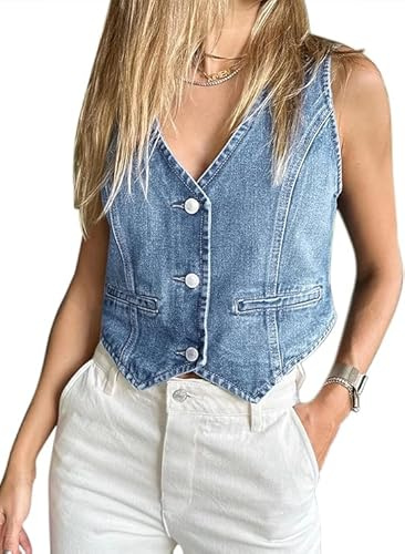 Imily Bela Jean Weste Damen Sommer Ärmellose V-Ausschnitt,Sexy,Knopfleiste,Elegant Denim Jeansweste Lässig Outdoor Tops Streetwear(Hellblau,M)