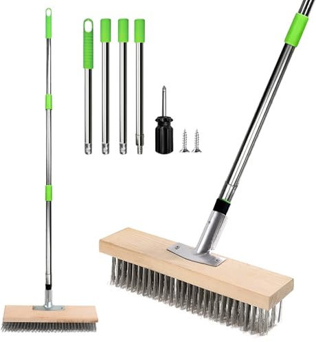 Scopa metallica in acciaio con manico da 160 cm, scopa da strada con manico, spazzola in metallo da 30 cm, spazzola in filo di acciaio inossidabile per pulizia di piastrelle, terrazza, giardino