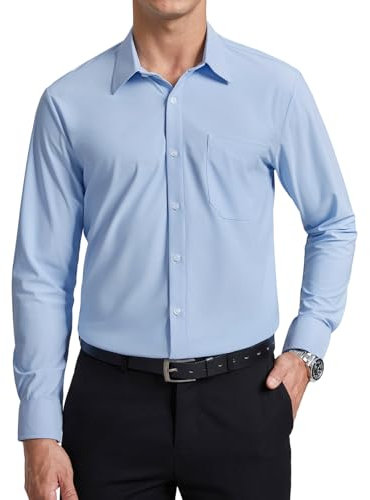 Enlision Camisa Azul Hombre Manga Larga Sin Plancha Stretch Ajuste Regular Negocios Oficina Formal Cuello con Botones Camisas Vestir Hombre con Bolsillo Azul Claro 2XL