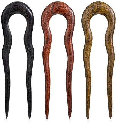 3 Pack Wooden Hair Sticks for Women, French U Shaped Hairpin with Two Prongs Hair Clips, Vintage Matte Hair Forks