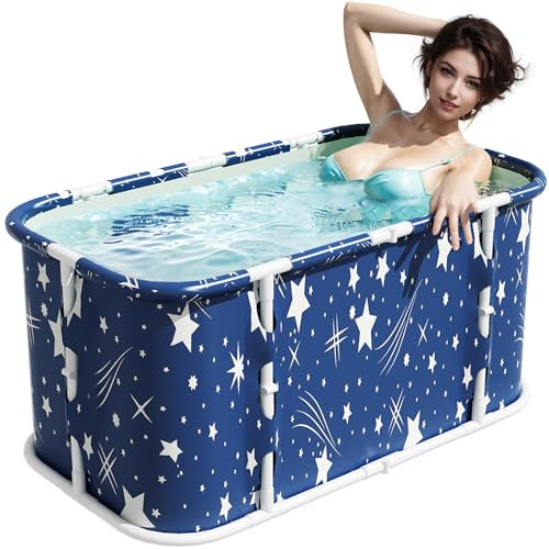 Bañera plegable portátil, bañera de remojo para ducha caliente y baño de hielo, bañera de sauna independiente para adultos, 110 x 60 x 52 cm, azul oscuro