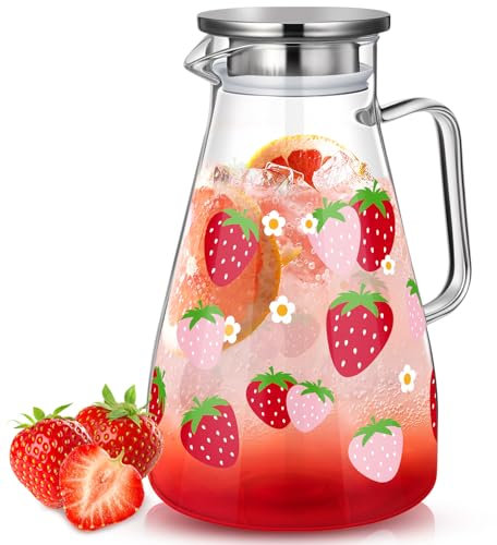Domensi 74 oz / 2200 ml Glass Pitcher with Lid Water Pitcher with Handles Beverage Water Jar Glass Jug Hot and Cold Resistant Carafe for Tea Juice Milk Coffee Iced Beverage(Strawberry)