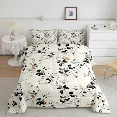 Homemissing Groovy Blume Bettdecke 135x200cm Retro Blumen Steppbett Beige Schwarz 4-Jahreszeiten Bettdecke Zimmer Dekor für Jungen Mädchen Teenager atmungsaktive weiche Steppdecke