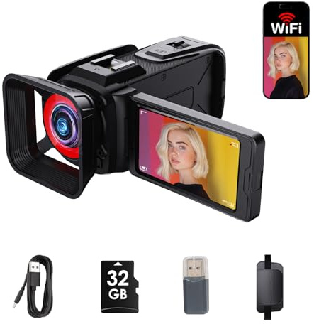 RAZPLYN 4K Video Camera Camcorder 64MP WiFi for YouTube Vlogging, 18X Digital Zoom 3 270° Flip Screen, with 32GB SD Card & Card Reader, Built-in 2500mAh Battery (Black)