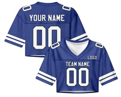 Generisch American Football Trikot Damen personalisiert Name Nummer, Y2K Crop Top Oversize Streetwear Mädchen, Sport Bauchfreies Oberteil Kurzarm V-Ausschnitt Cheerleader Outfit