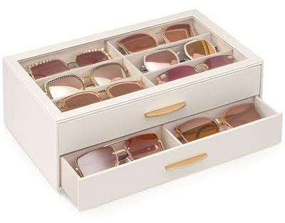 Lolalet 12 Slots Women’s Sunglasses Organizer with Enlarged Compartment, 2-Layer Eyewear Storage Box, Glasses Case Display Holder with Clear Top Lid for Eyeglass Collection, Mothers Day Gifts -Cream
