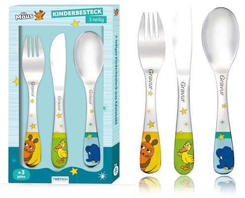Kinderbesteck mit Namensgravur Sendung mit der Maus 3 teilig eigener Name/Gravur auf Besteck mit bunten Motiven