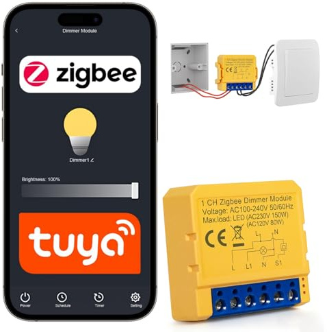 RDTOK Zigbee Dimmer Schalter, Zigbee Smart Dimmschalter 1-fach, Wechselschaltung,Hausautomation, Alexa Lichtschalter Smart Life/Tuya App, Sprachsteuerung/Timer, Kompatibel Alexa/Google