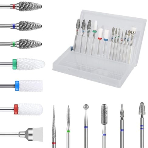 YPYMOD 13 Piezas Fresas Torno para Uñas, 3/32 Pulgadas, 3 brocas de carburo de tungsteno + 6 brocas de diamante +3 brocas de cerámica para uñas + 1 cepillo, para Uñas Acrílicas y Uñas de Gel