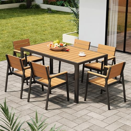 Devoko Gartenmöbel Set 6 stühle mit tischt, Hochwertiges Gartenset Tisch und stühle in Holzoptik, Balcony Furniture alu, Gartengarnitur wetterfest, rostfrei, leicht und langlebig, Teakholz