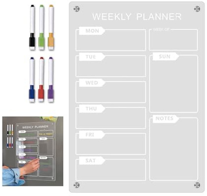 Meal Planner Board, Magnetic Meal Planner for Fridge Magnetic Weekly Planner for Fridge Magnetic Fridg/e Planner Acrylic Meal Planner Boards with 6 Markers A4 Magnetic Weekly Planner for Kitchen Home