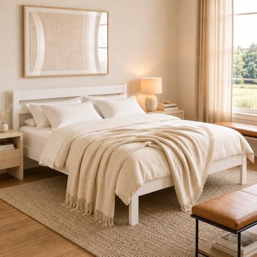 ESTADESIGN Standard Doppelbett – Holzbett 140x200 cm (Weiß), ohne Lattenrost – Massivholzbett mit Kopfteil I Birkenholz I FSC®-Zertifiziert | Skandinavisches Design | Emissionsarm