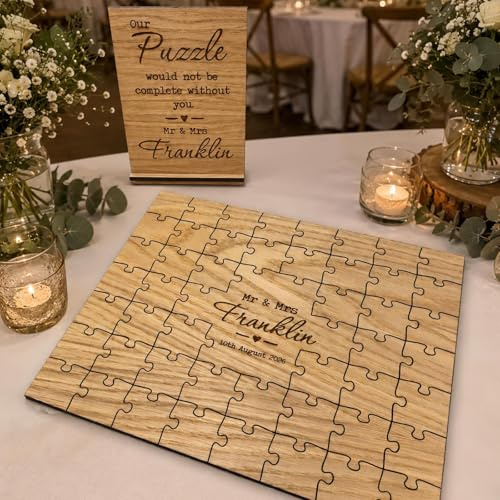 Personalised Wedding Jigsaw Guest Book, Oak Wooden Puzzle Alternative 48pc | Unique signing keepsake for bride and groom, reception messages, marriage memories, anniversary gifts and rustic venues.