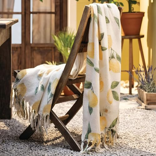 Dekoleidenschaft dünne Sommerdecke Lemon beige mit Zitronen Motiv, Kuscheldecke 130x160 cm, Sofadecke, Couchdecke