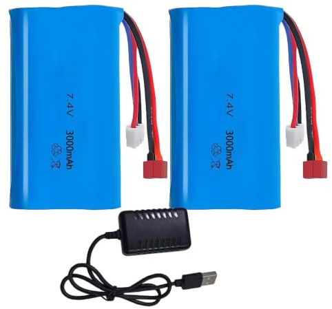SKIKHN 2 Stück 7.4 V Li-ion Battery, 3000mAh Rechargeable Lithium Lonen Batterien mit Deans T Stecker, RC Akkus 7.4v für Boote, Panzer, Roboter