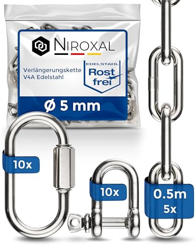 5 Stueck 50-cm = 0,5-Meter 5-mm starke Verlaengerungs-Kette aus Edelstahl Bruchlast max 900 kg mit Schaekel Schraub-Verbinder aus V4A Befestigungs-Set Aufhaengung von Boxsack Haengematte Haengesessel