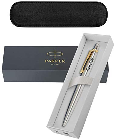 Personalised Engraved Parker Jotter Stainless Steel Gold Trim Black Ink Ballpoint Pen Gift Boxed with a Classy Leather Pen Slip - Enter Your Custom Text