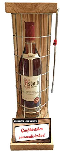 Personalisierte Geschenke für Männer Frauen Geschenkidee - Eiserne Reserve Gitter Text rot Asbach Uralt Brandy (1 x 0.7 l) incl. Notsäge - Papa Mama Geburtstag Hochzeit