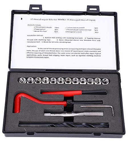 17-tlg. Gewindereparatursatz, Länge M10x1,25, gedrehter 2D-Edelstahl-Bohrgewindebohrerschlüssel mit Gewinde, Umrüstsatz für Helicoil-Reparatursätze, Zoll-mm-Einheiten