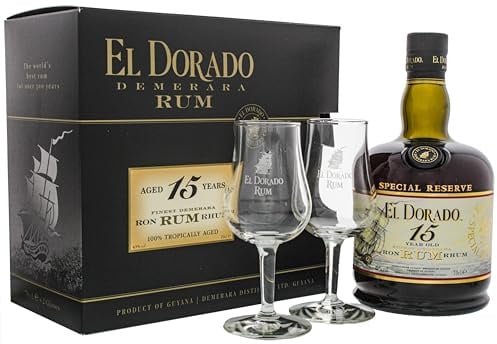El Dorado I Demerara Rum 15YO I 700ml FlascheI 43% Volume | Brauner-Rum in der Geschenkbox mit 2 Gläsern