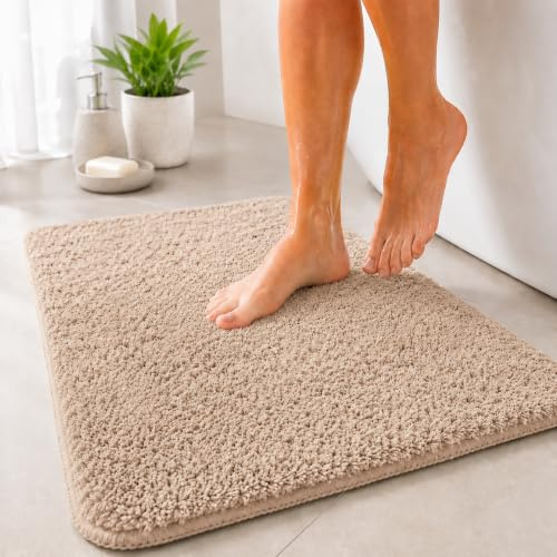 Floordirekt Badematte Sky - Badezimmerteppich - Weicher, dichter Hochflor - Rutschhemmend & Schnell trocknend - Geeignet für Fußbodenheizung - Eckig & Rund (50 x 60 cm, Beige)