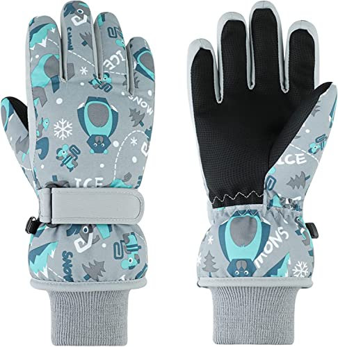 QKURT Gants de Ski Enfants, Moufles de Ski Fille Garçon Gants Chaud Hiver Moufles Coupe-Vent Respirant Snowboard pour Vélo Équitation Patinage Garçons Filles 4-13 Ans