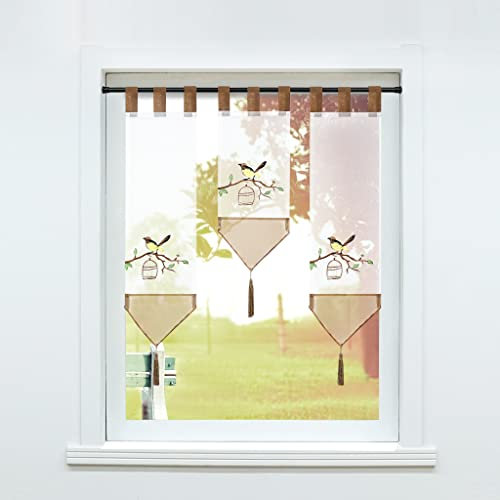 SCHOAL Scheibengardinen Set 3-teilig Bistrogardinen Küche Gardinen mit Schlaufen Panneaux mit Quaste Lamellen Gardine Transparent Vorhang Bestickt Braun 3 Stück (BxH20x50cm + BxH20x70cm*2)