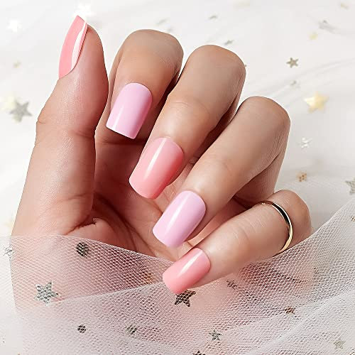 Makartt Press on Nails Pink Acrylic Full Cover Short Fake Nails Artificial Short False Nails Stick on Nails for Women DIY Nails Decoration