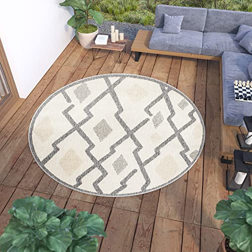 TAPISO Viera Teppich Outdoor Indoor Rund Creme Grau Modern Streifen Wasserfest UV-Beständig Loop-Teppich Sisal Terasse Balkon ÖKO-TEX 80 x 80 cm