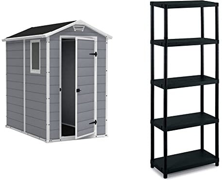 Keter Manor 4X6 Casetta da giardino, In Resina, Grigio & Terry, Scaffale 3060 S-5, Scaffale Modulare a 5 Ripiani, da Interno Esterno. Materiale: Plastica, Dimensioni: 60x30x174 cm