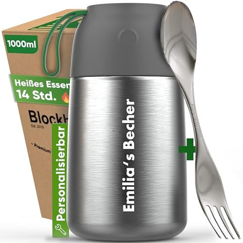 Blockhütte Personalised Food Flasks for Hot Food Adults 1L | Personalised Gifts for Men Birthday | Thermal Soup Flask with Spork | Vacuum Insulated Thermal Lunch Box 14h Hot Meals, BPA Free