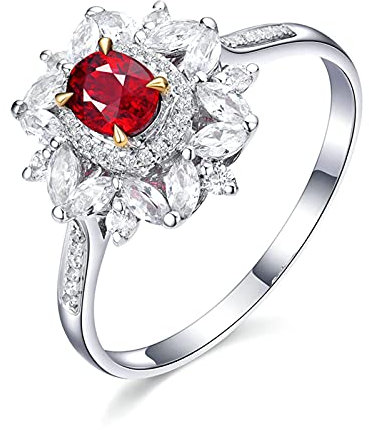 Bishilin Partnerringe Weißgold 750, Damen Ring Blumen mit 0.45ct Oval Rubin Verlobungsring mit Diamant Eheringe Nickelfrei Gr.52 (16.6)